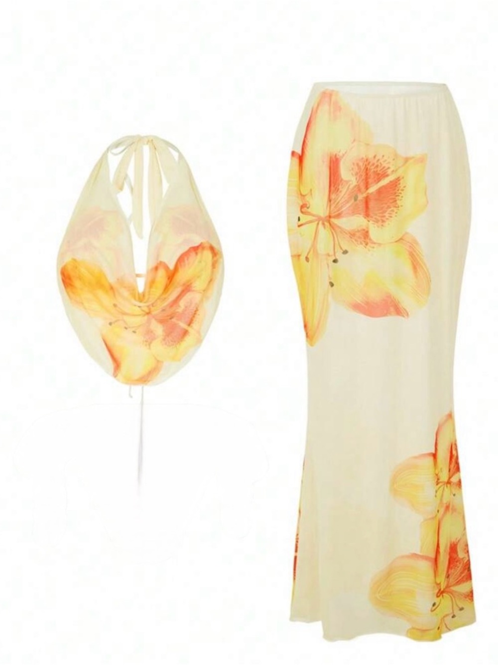 SHEIN Cream Halter Swim Coverup Set with Yellow-Orange Floral Print